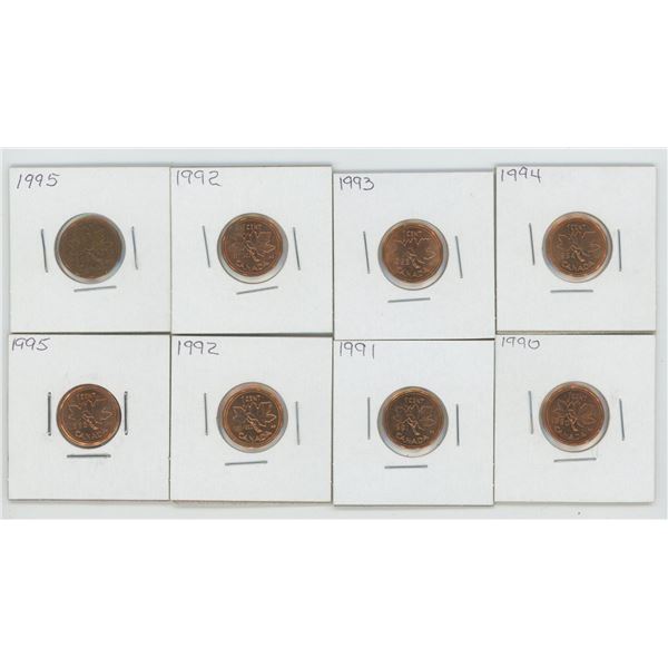 8 - Canadian 1 Cent Coins (1990, 1991, 2-1992, 1993, 1994, 2-1995)