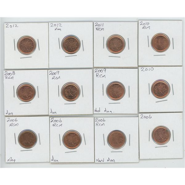 12 - Canadian 1 Cent Coins (4-2006, 2008, 2-2009, 2-2010, 2011, 2-2012)