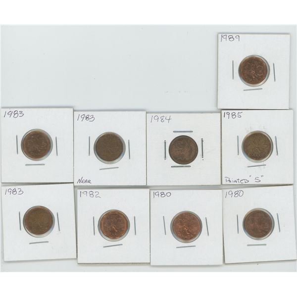 9 - Canadian 1 Cent Coins (2-1980, 1982, 1983, 3-1983, 1984, 1985, 1989)
