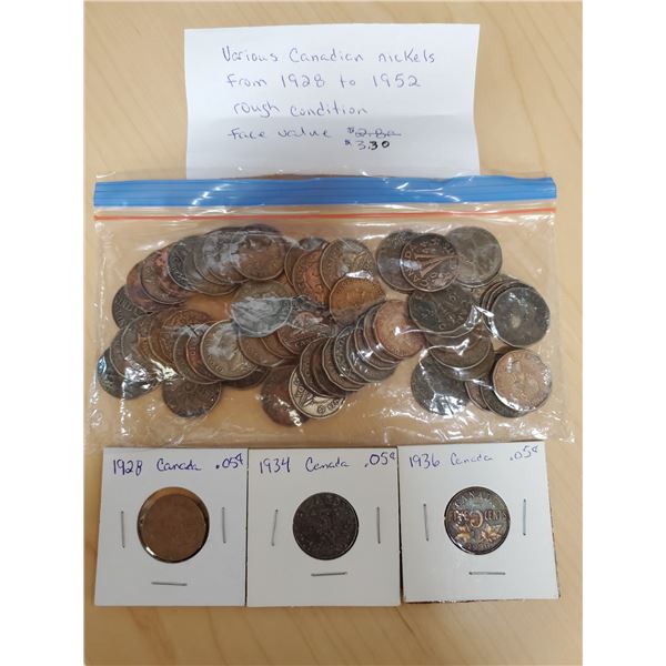various Canadian nickels 1928-1952 face value $3.30