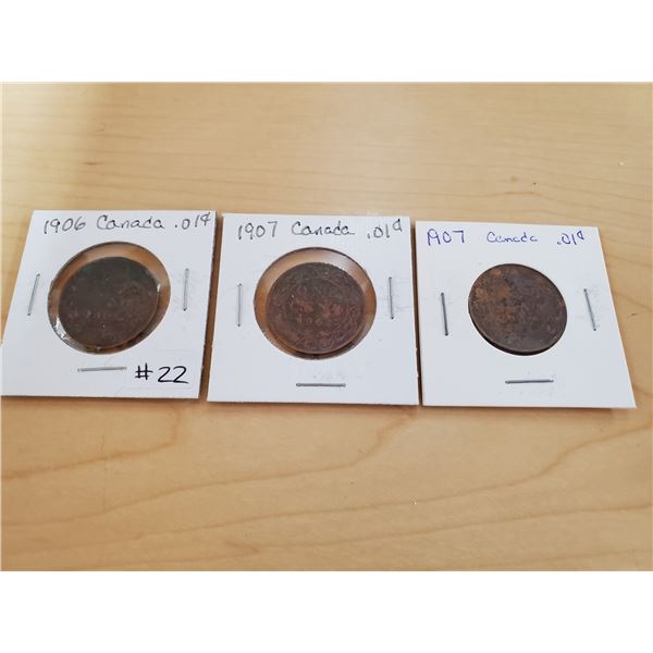 1906, 1907, 1907 Canadian one cent