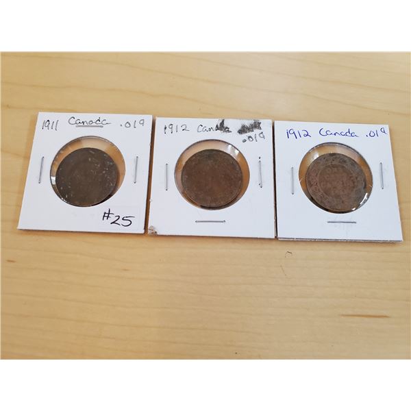 1911, 1912, 1912 Canadian one cent
