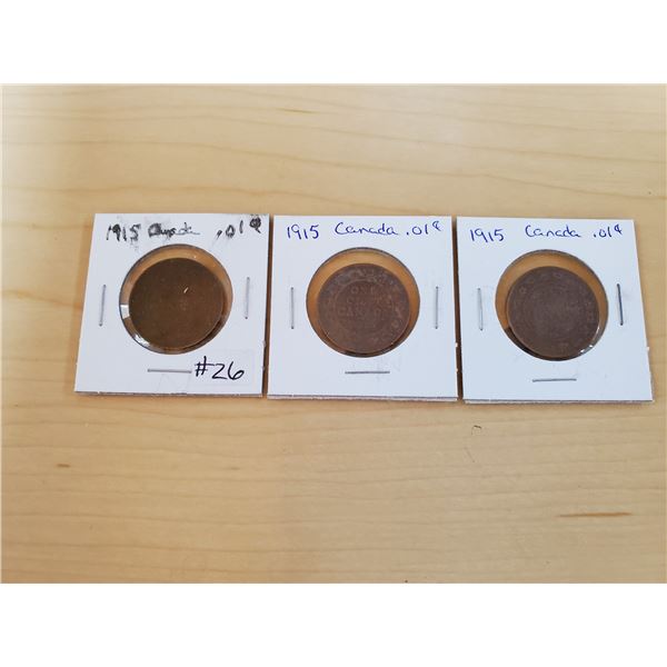 1915 x 3 Canadian one cent