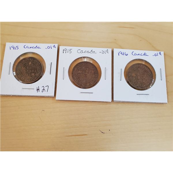 1915, 1915, 1916 Canadian one cent