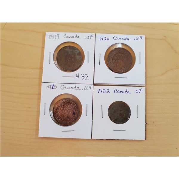1919, 1920, 1920, 1922 Canadian one cent