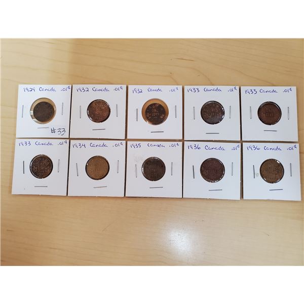 10 x 1929-1936 asst years Canadian one cent