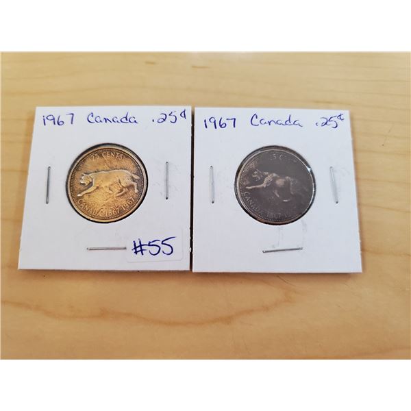2 x 1967 Canadian 25 cents