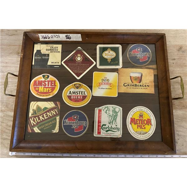 LOT OF 12 VINTAGE BEER COASTERS MOUNTED ON A VINTAGE TRAY