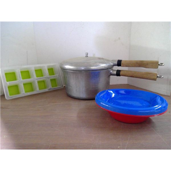 Pressure Cooker, camping plates, ice cube trays