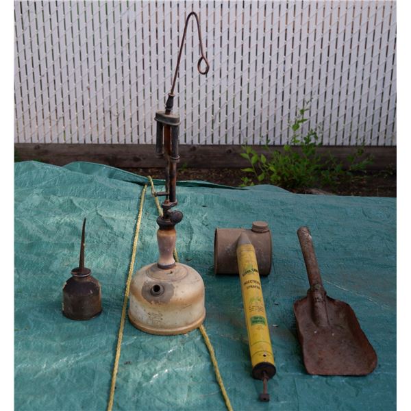 Vintage Oil Can, Insecticide Sprayer, Lantern & Ash Shovel