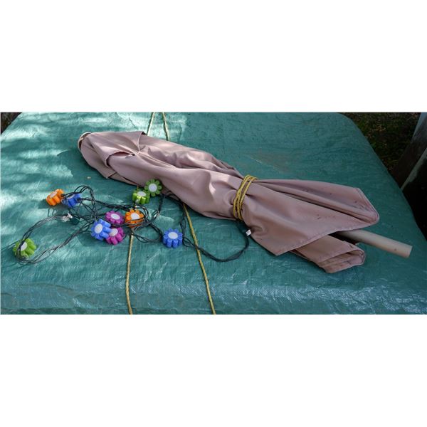 Patio Umbrella + String of Flower Lights