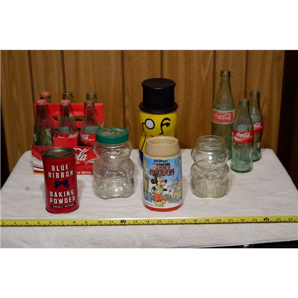 Lot of vintage Glass: Vintage Disney Thermos, Coke Bottles, Kraft Jars, Blue Ribbon Baking Powder