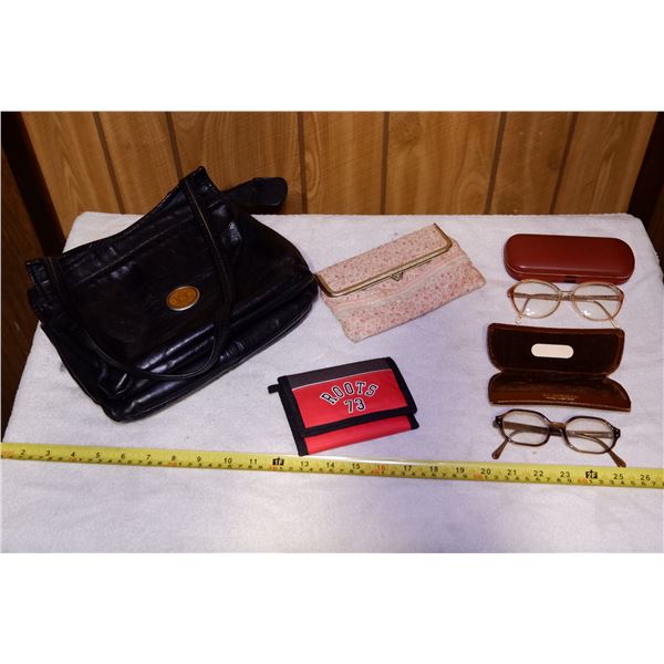 Leather Purse, Roots Wallet, makeup bag + 2 Vintage Glasses w/ Cases