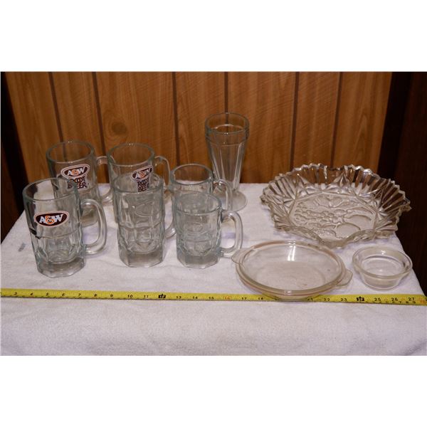 Lot of Glass ware: A&W Mugs, Fruit Dish, Pyrex Dishes