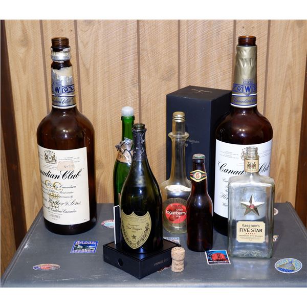 Lot of Liquor Bottles: Vintage 2000 Dom Perignon, 5 Star, Texas Mickey's, etc.