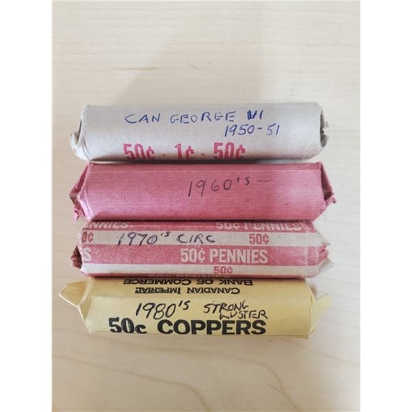 4 rolls of pennies 1950-51, 60's, 70's, 80's