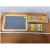 Image 1 : small school blackboard, wooden pencil box & crayons