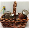 Image 1 : Basket W/ 3 bowling Pin Mugs + Victor Tennis Balls + Miscellaneous Items