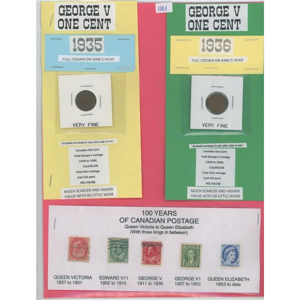 1935 & 1936 George V One Cent Coins & Canadian Stamps