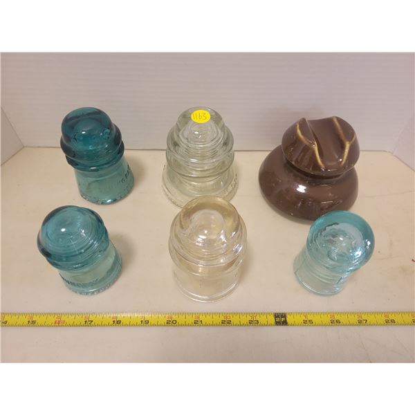 Lot of 6 glass insulators - 1 brown, 2 clear, 3 green blue