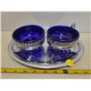 Image 1 : Silver & blue cream and sugar bowls on a tray