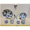 Image 1 : Blue Dutch vase, salt & pepper shakers, small blue vases with wire handles, 2 blue butterfly plates