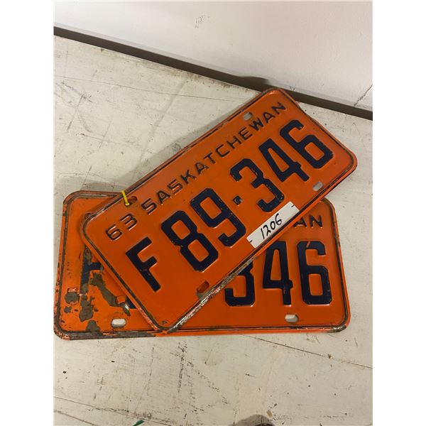 pair of 1963 farm sask license plates