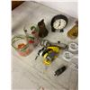 Image 2 : lot of collectibles -alarm clocks, brass bell, toy whistles, jar, vase
