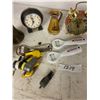 Image 3 : lot of collectibles -alarm clocks, brass bell, toy whistles, jar, vase