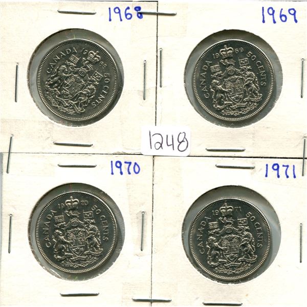 4 Canada 50¢ fifty cent coins - 1968, 1969, 1970, 1971