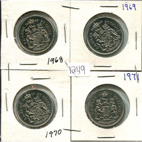 4 Canada 50¢ fifty cent coins - 1968, 1969, 1970, 1971