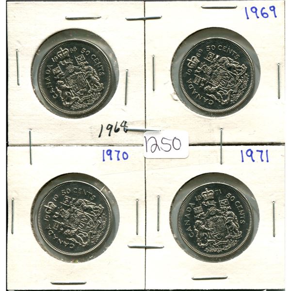 4 Canada 50¢ fifty cent coins - 1968, 1969, 1970, 1971