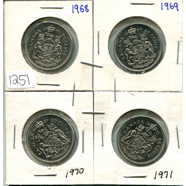 4 Canada 50¢ fifty cent coins - 1968, 1969, 1970, 1971