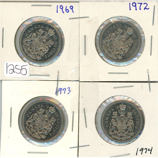 4 Canada 50¢ fifty cent coins - 1969, 1972, 1973, 1974