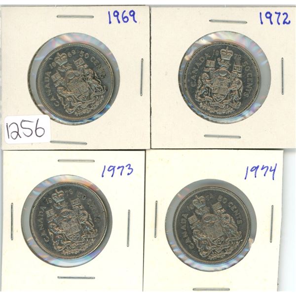 4 Canada 50¢ fifty cent coins - 1969, 1972, 1973, 1974