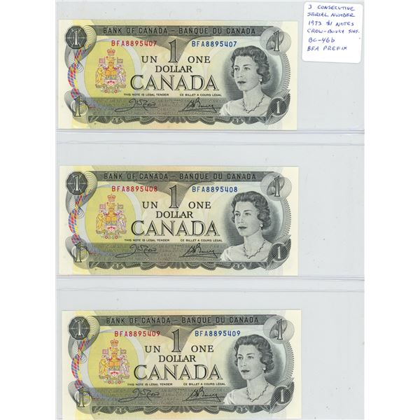 3 Consecutive Serial Number 1973 One Dollar Bank Notes