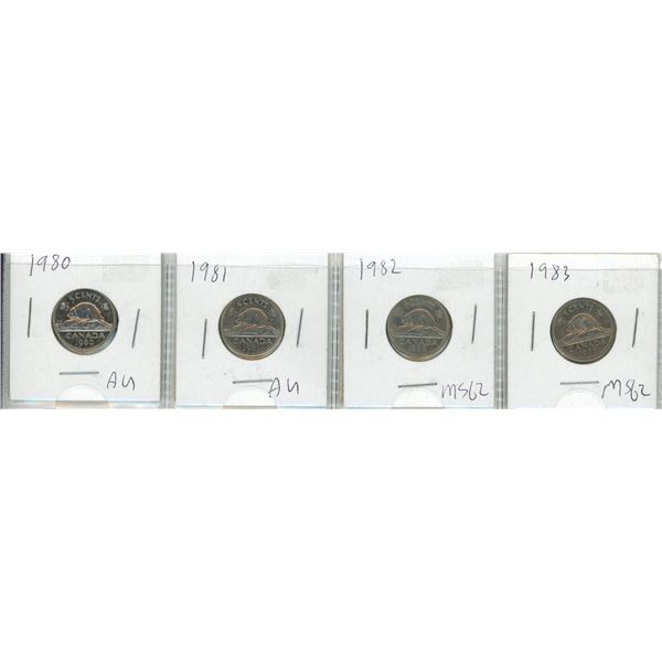 4 Canadian 5 Cent Coins 1980-83