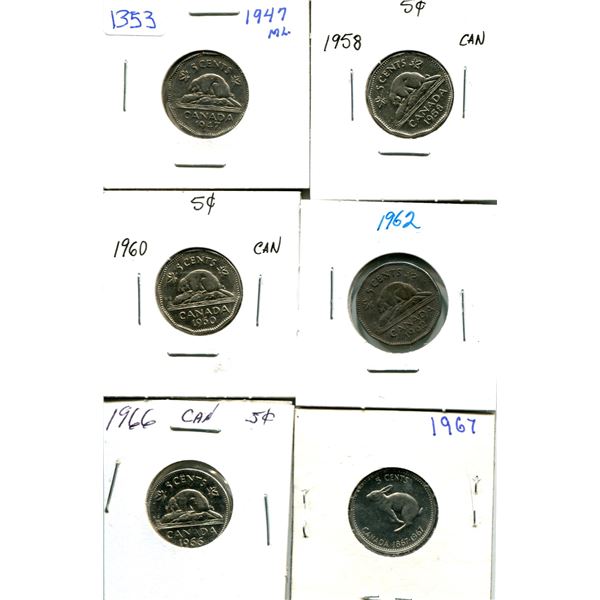 (6) Canadian Nickels 1947-1965