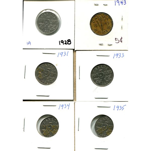 (6) Canadian Nickels 1928-1935