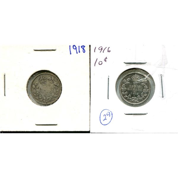 (2) Canadian Dimes 1918 + 1916