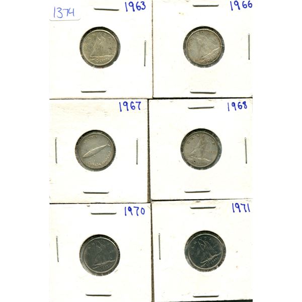 (6) Canadian Dimes 1963-1971