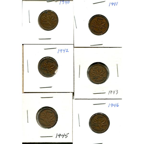 (6) Canadian Pennies 1940-1946