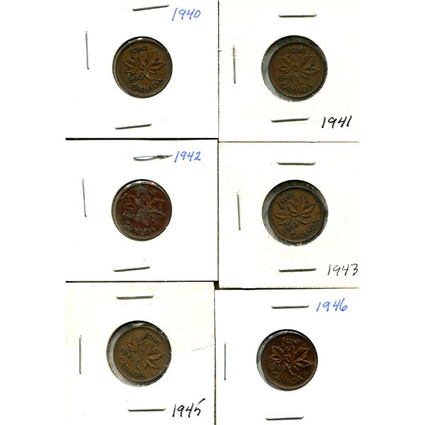 (6) Canadian Pennies 1940-1946