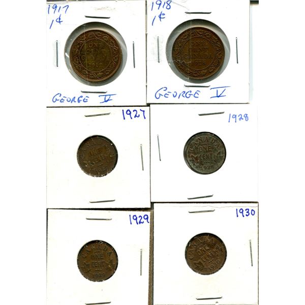 (6) Canadian Pennies 1917-1930