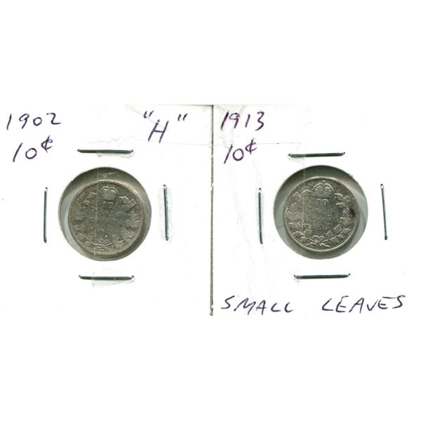 (2) Canadian Dimes 1902 + 1913