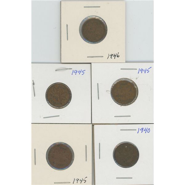 (5) Canadian Pennies 1940-1946