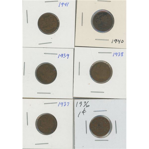 (6) Canadian Pennies 1936-1941