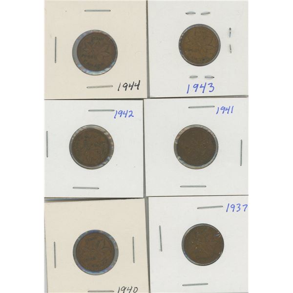 (6) Canadian Pennies 1937-1944