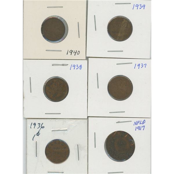 (6) Canadian Pennies 1917-1940