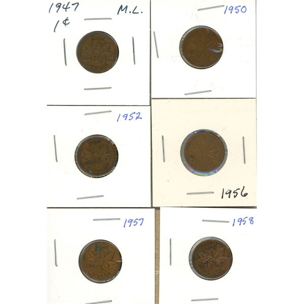 (6) Canadian Pennies 1947-1958